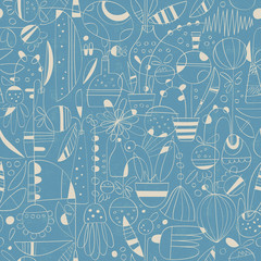 Contemporary Toile de Jouy hand drawn pattern of linear abstract flowers in pots and vases on blue background