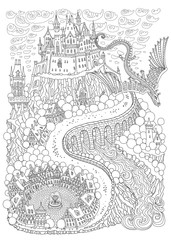 Fantasy landscape. Fairy tale medieval castle on a hill, flying dragon.T-shirt print. Album cover, invitation card. Black and white Coloring book page for adults and children 