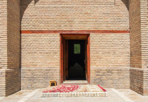 Entrance to the ancient monument of architecture of the 11th centure, Mausoleum of Karakhan, Taraz city, Kazakhstan.