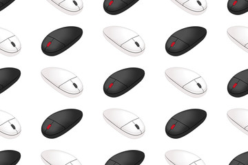 Realistic 3d black and white optical computer mouse seamless pattern. PC game equipment on white background textile print.  Vector illustration