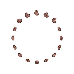 Coffee beans painted in watercolor and placed in circle isolated on white background with copy space
