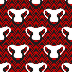 Symbol of 2021 Chinese New Year of the Ox. Seamless pattern ink brush drawn snout. Hand written white bull nose with black ring on China oriental background. Vector Japan traditional textile print