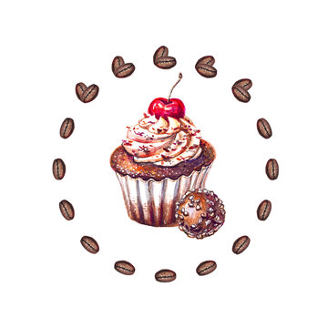 Chocolate muffin with fresh cherry and coffee beans painted in watercolor isolated on white background. Coffee break logo concept