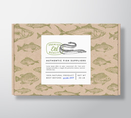 Fish Pattern Realistic Cardboard Box with Banner. Abstract Vector Packaging Design or Label. Modern Typography, Hand Drawn Eel Silhouette. Craft Paper Background Layout.