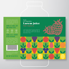 Fruit and Vegetables Pattern Juice Label Template. Abstract Vector Packaging Design Layout. Modern Typography Banner with Hand Drawn Raspberry with a Slice Silhouette Background.