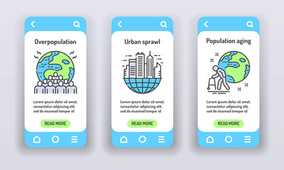 Eco problems on mobile app onboarding screens. Overpopulation, urban sprawl, population aging. Banners for website on white background and mobile kit development. UI UX GUI template.