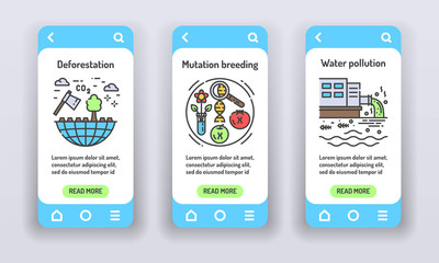 Eco problems on mobile app onboarding screens. Environmental issue. Banners for website on white background and mobile kit development. UI UX GUI template