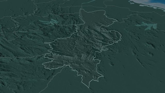 Badulla, district with its capital, zoomed and extruded on the administrative map of Sri Lanka in the conformal Stereographic projection. Animation 3D