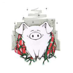 Happy winter pig. Hand drawn sketch. Marker and liner art