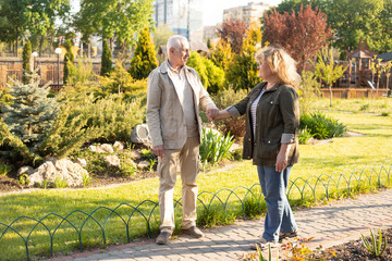 Obraz premium Mature couple in summer park, senior couple relax in spring summer time. Healthcare lifestyle elderly retirement love couple together valentines day concept