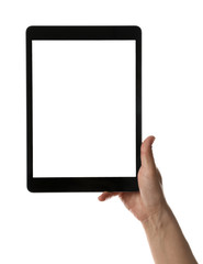 Woman holding tablet computer with blank screen on white background, closeup. Modern gadget