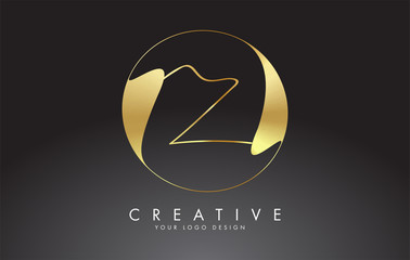 Initial Z handwritten letter logo with golden elegant design and golden wave circle.