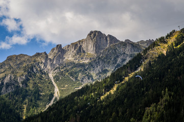 French Alps mountains in a cloudy summer day, seen from Chamonix, Haute Savoy, France.