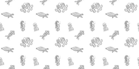 Seamless pattern of black contour ornamental jellyfish, seahorses, sea turtles and octopuses in zentangle style on a white background. Aquatic animals living in the ocean. Vector.