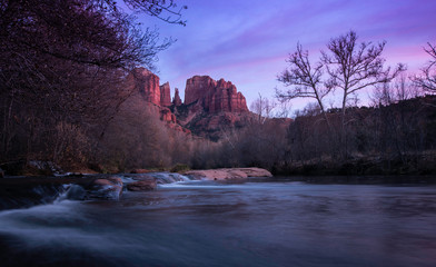 Sedona's iconic Cathedral Rock view with Oak Creek flowing in the foreground, Crescent Moon Ranch, Sedona Arizona. 