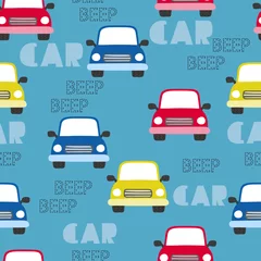 Stickers pour porte Voitures Modèle de voitures de dessin animé sans couture. Fond auto de transport de vecteur pour les enfants.