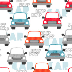 Seamless pattern with colorful watercolor cars. Vector automobile background, suitable for kids textile, fabric, wallpaper