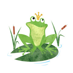 Cartoon Frog prince vector watercolor illustration.