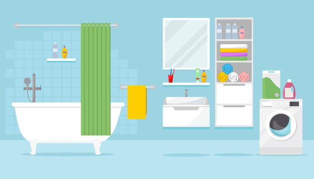 Bathroom with bathtub, lockers, washing machine and various accessories. Bathroom interior. Vector illustration in flat style