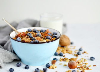 homemade granola in bowl with milk, nuts, dried apricots, blueberries. Healthy vegetarian...