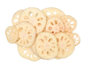 Lotus root slices on white background.