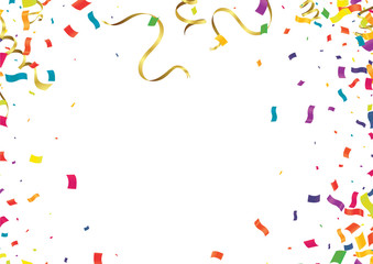 Colored confetti with ribbons and balloons on the white. Eps 10 vector file.