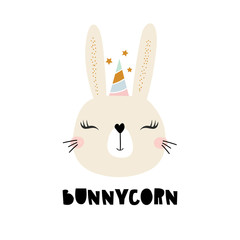 Cute bunny unicorn. Childish print for t-shirt, apparel, cards, poster, nursery decoration. Vector Illustration