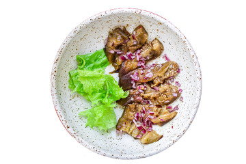 eggplant salad spices and tomatoes, antipasto Menu concept healthy eating. food background top view copy space for text keto or paleo organic