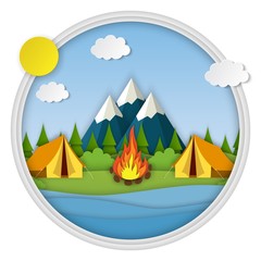 Paper cut summer landsape. Landscape with yellow tent, forest and mountains on the background. Adventures in nature, vacation, and tourism vector illustration.