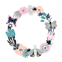 Floral frame with flowers, leaves and branches and butterfly. Vector Illustration