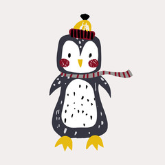 Cute bunny pinguin in winter hat. Childish print for t-shirt, apparel, cards, poster, nursery decoration. Vector Illustration