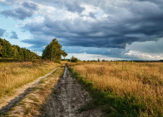 Fototapeta na wymiar Polna droga i ciemne chmury