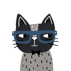 Cute hand drawn with brush cat in glasses childish print. Perfect for t-shirt, apparel, cards, poster, nursery decoration. Vector Illustration