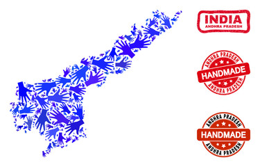Vector handmade combination of Andhra Pradesh State map and unclean seals. Mosaic Andhra Pradesh State map is made of random blue hands. Rounded and awry red seals with unclean rubber texture.
