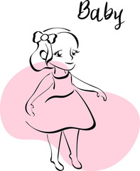 Cute girl with big eyes in dress. Vector cartoon character on white background. Concept for logo, print, cards