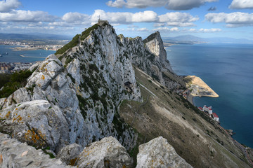 View of mountain top overlooking coastline, Gibraltar, British Overseas Territory, Iberian Peninsula