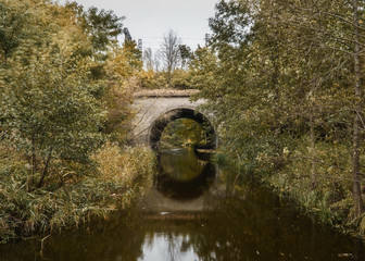 Odbicie w wodzie wiaduktu kolejowego, pośr&oacute;d drzew