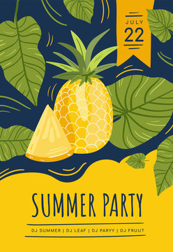 Set poster for the summer party and pineapple. Vector illustration in doodle style. Celebration in a pub, beach.