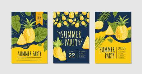 Set poster for the summer party and pineapple. Vector illustration in doodle style. Celebration in a pub, beach.