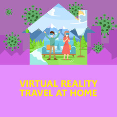 Obraz na płótnie Canvas Two people wearing protection masks are simulating nature tourism at home with Virtual reality VR. Vector illustration flat graphic design for Couple travel concept during pandemics COVID-19.