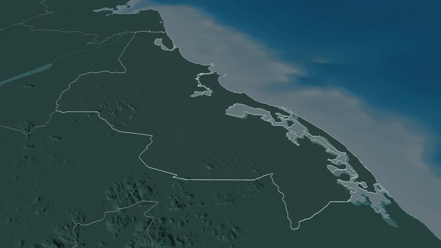 Batticaloa, district with its capital, zoomed and extruded on the administrative map of Sri Lanka in the conformal Stereographic projection. Animation 3D
