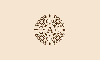 Vintage elegant floral monogram with ornament and letter A. The round business sign is identical for a restaurant, boutique, hotel, heraldry, jewelry, fashion.