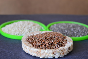 flaxseeds on the white bread. sesame and chia seeds on the white bread