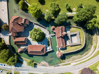 Seengen, Switzerland - May 18.2020: The moated Hallwyl Castle (founded in the late 12th century) ...