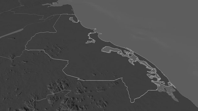 Batticaloa, district with its capital, zoomed and extruded on the bilevel map of Sri Lanka in the conformal Stereographic projection. Animation 3D