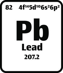Lead (Pb) button on black and white background on the periodic table of elements with atomic number or a chemistry science concept or experiment.	