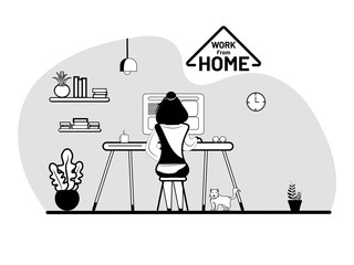 Work at home line art design concept .Freelance women working on personal computer at  her house Online study education,Freelance work. Vector, illustration isolated on white background.