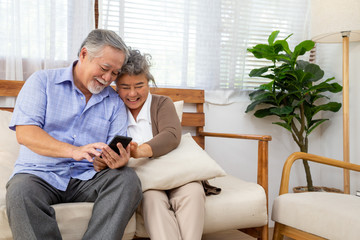 Asian senior couple talking in video call chat on mobile phone, Smart technology for old age and online activism staying connected concept