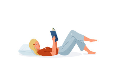 Read book vector illustration. Girl reading books in comfortable pose lying on the pillow. Student female study knowledge. Cute readers, style flat literature with person