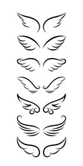 Lovely angel wings set - beautiful tattoo drawing. freehand design, ink, logo, elementáris or greeting card. Modern vector art. Symbol set.